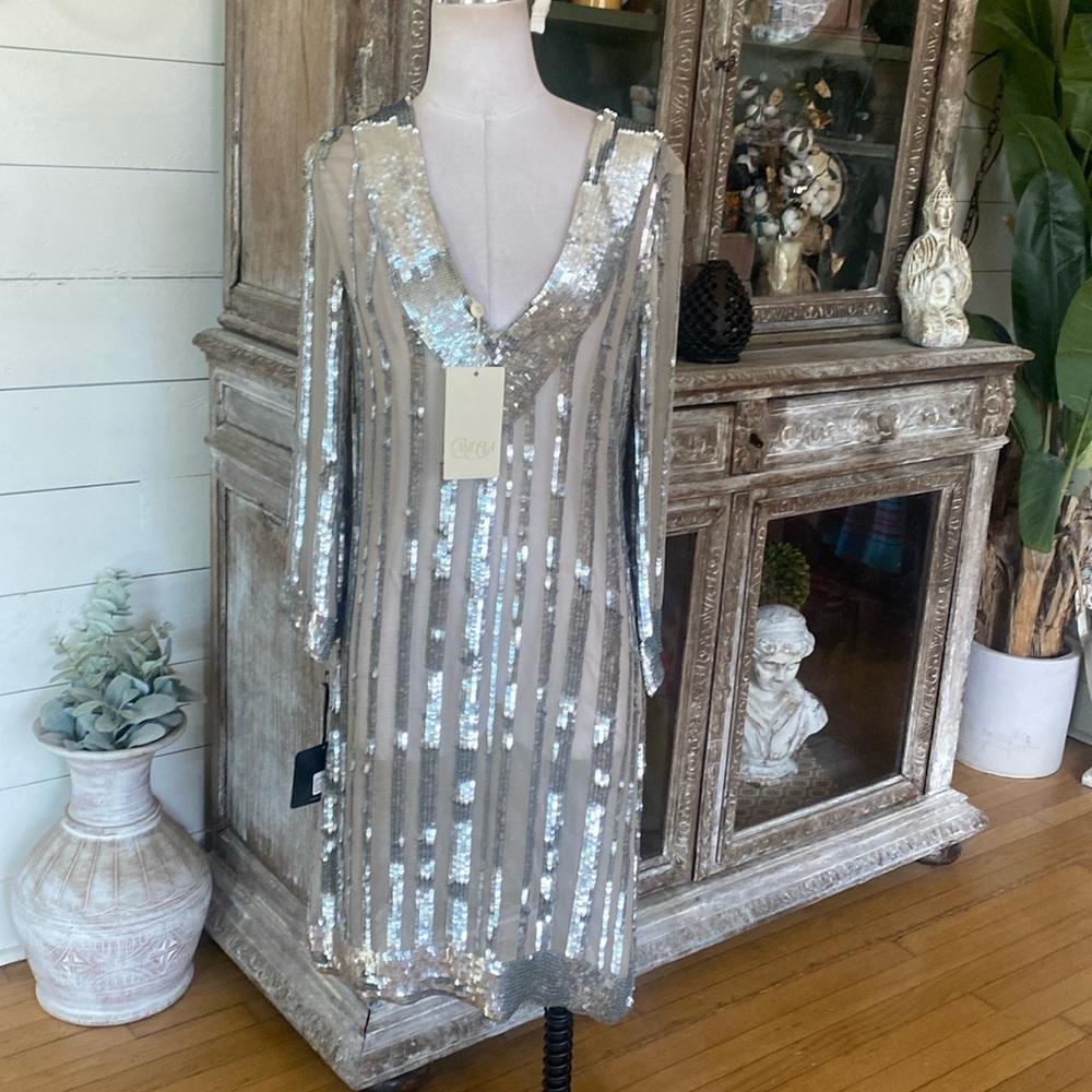 CANDELA STYLEBUG LUXURY SHEER SEQUIN V NECK DRESS EVENING COCKTAIL 8 NEW